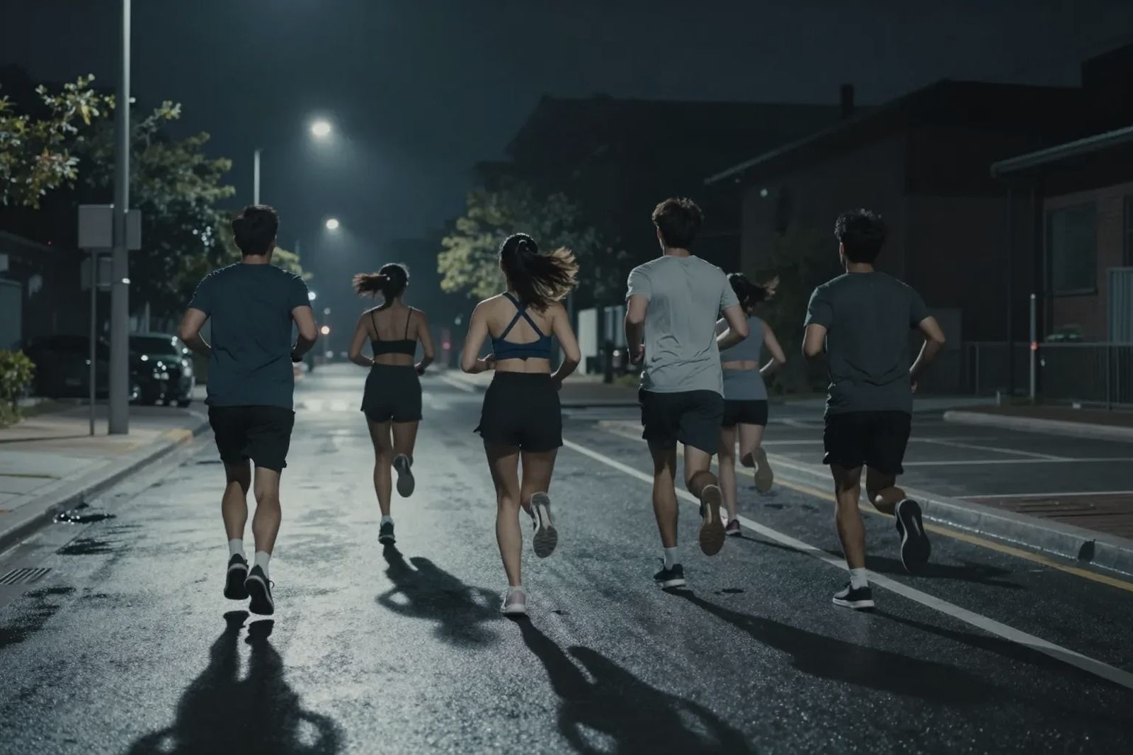 Friends running at night