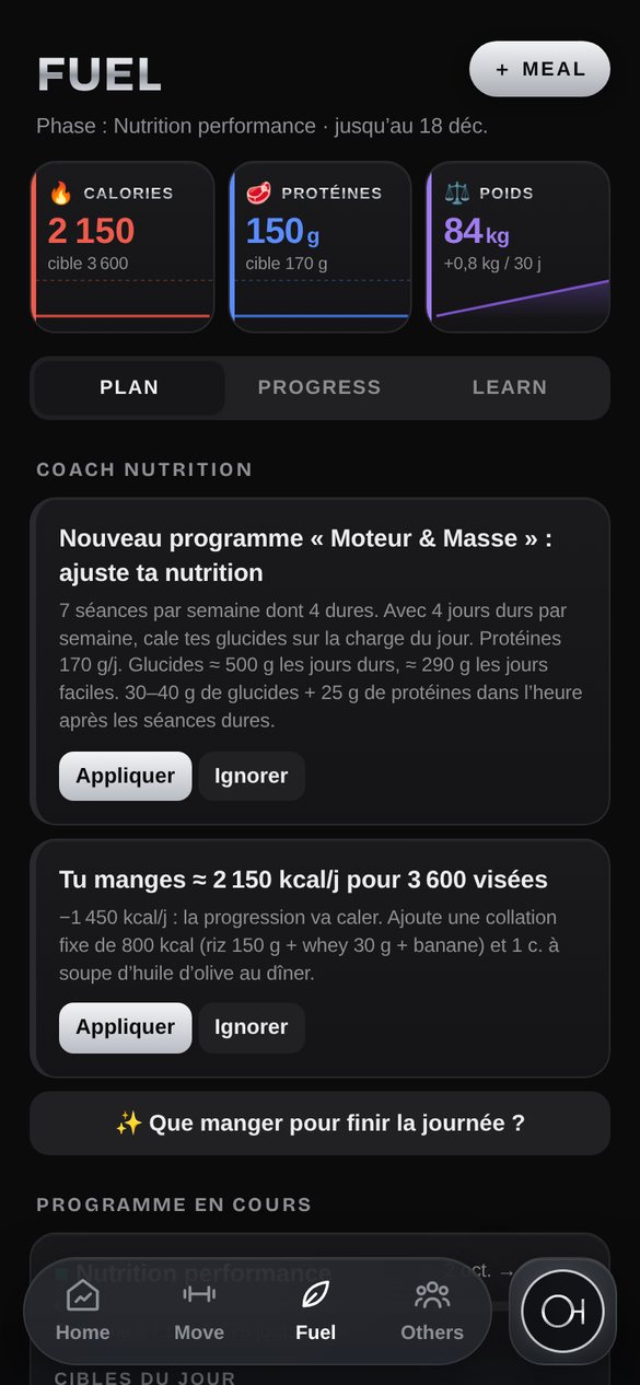 Écran FUEL : coach nutrition et programme