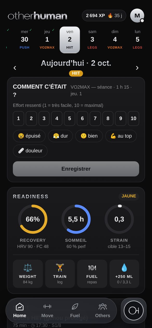Écran du jour : readiness WHOOP, séance et repas