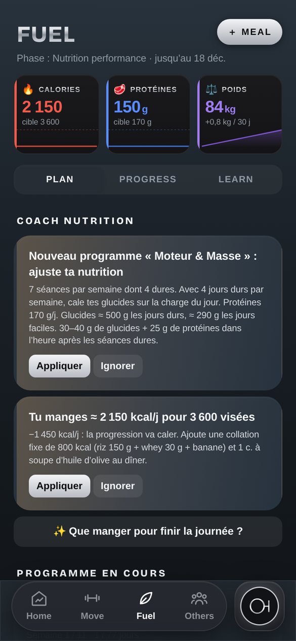 FUEL screen: calories, protein and nutrition coach